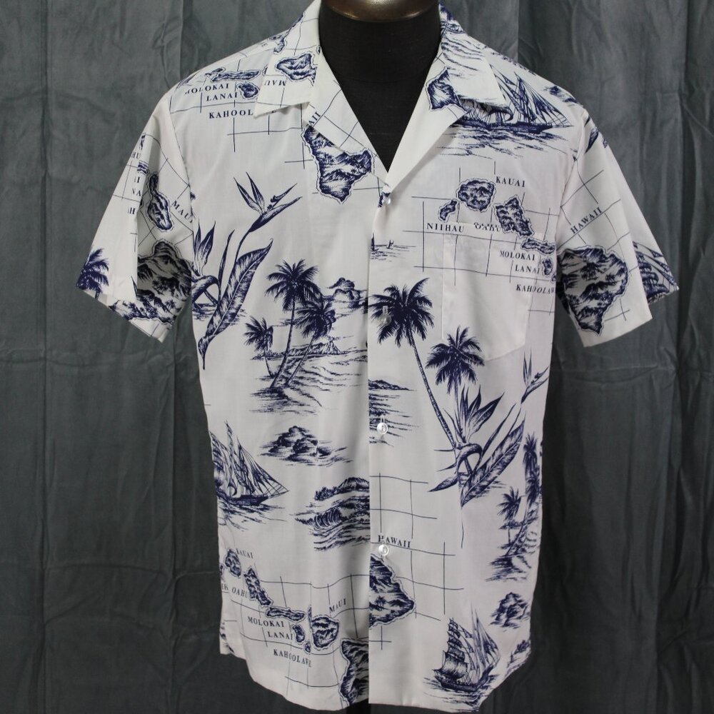 Vintage Hawaiian Shirt - Grid Island and Palm Tree Pattern by Kai Nani -